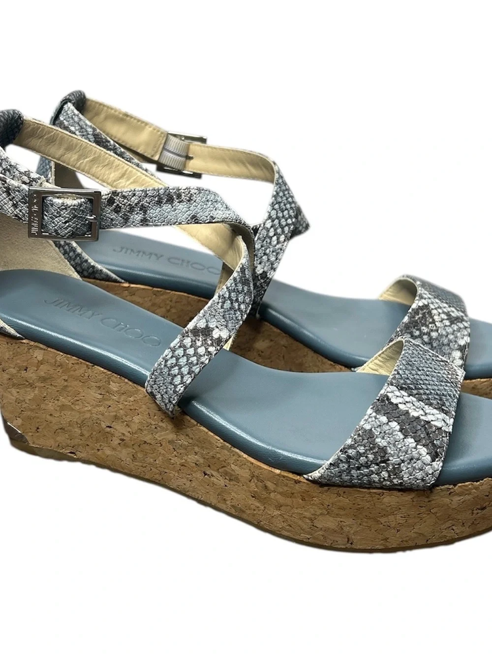Jimmy Choo Portia Snake Embossed Cork Wedge Sandals Platform Designer Size 37.5